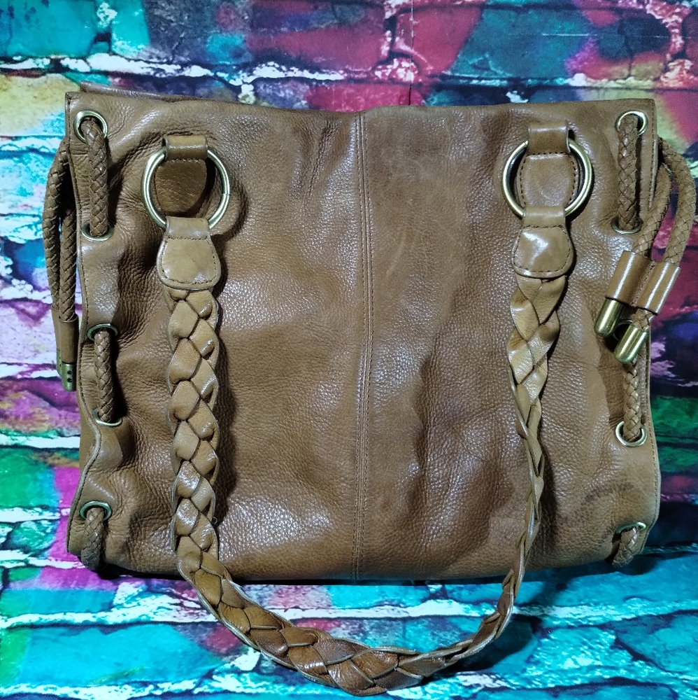 BORSETTA MILANO TAN/BROWN LEATHER BAG PURSE 12×11×4"